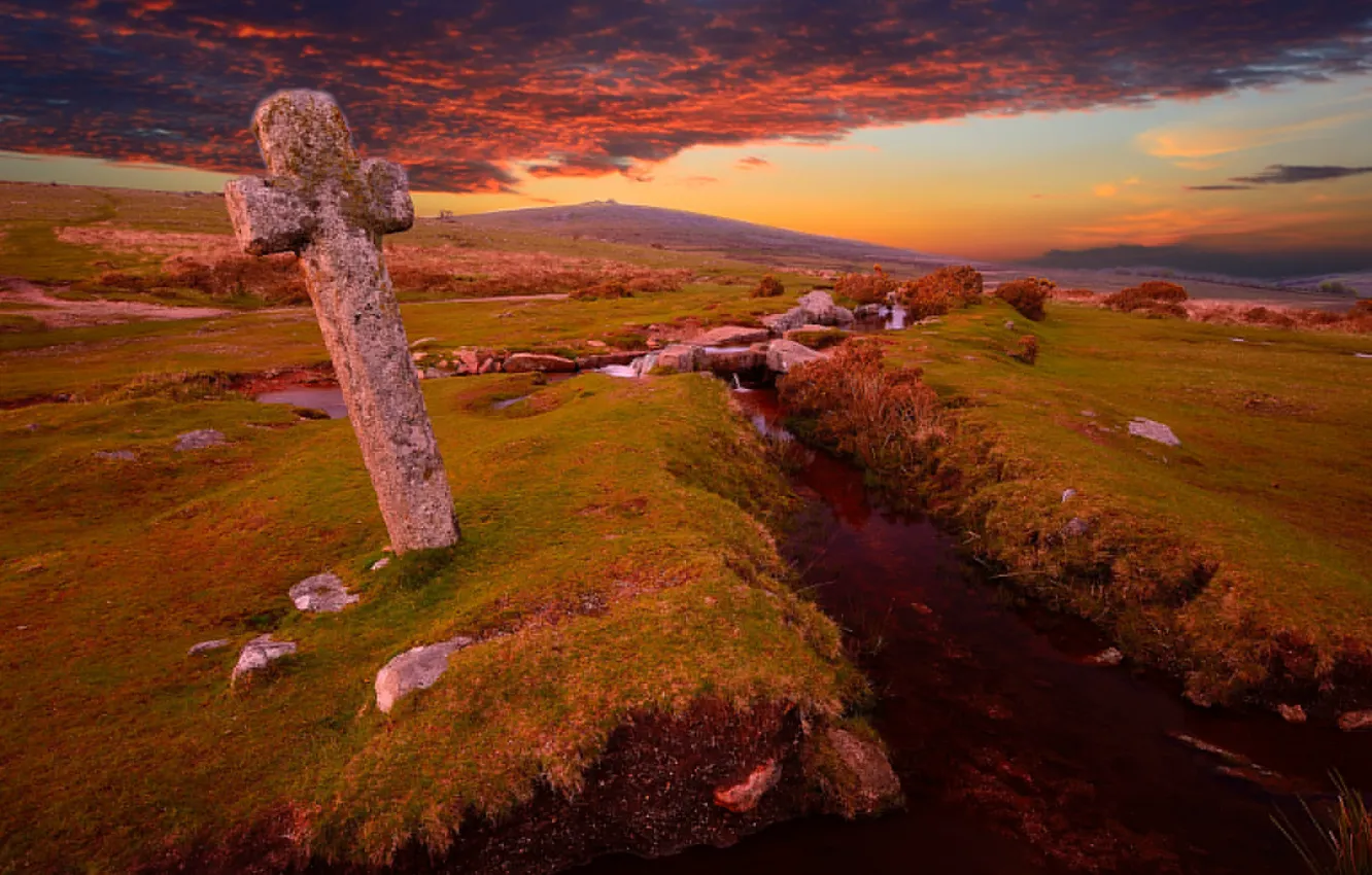 Photo wallpaper field, the sky, stream, cross, stone