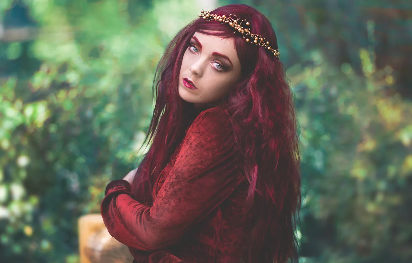 Photo wallpaper look, girl, pose, mood, wreath, bokeh, crimson hair, Vero V Martinez