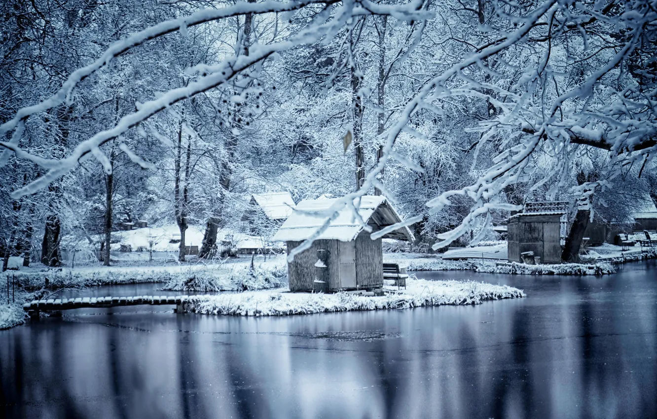 Photo wallpaper house, river, winter, cold