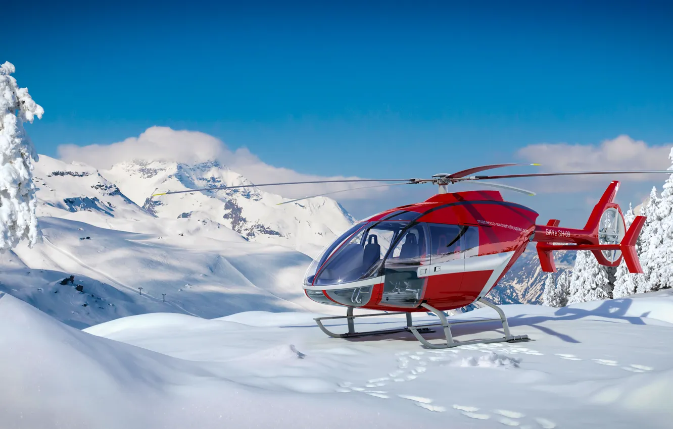 Photo wallpaper forest, snow, mountains, Winter, frost, helicopter