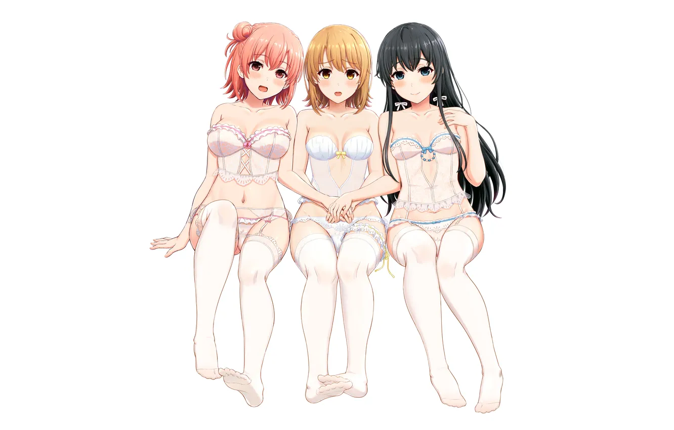 Photo wallpaper sexy, lingerie, cleavage, panties, thighhighs, pink hair, long hair, legs