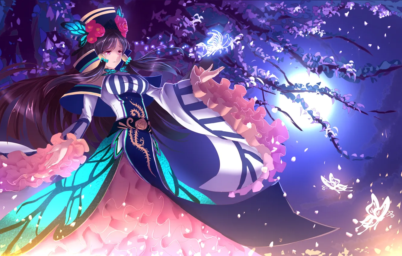 Photo wallpaper the sky, girl, trees, butterfly, flowers, the moon, anime, art