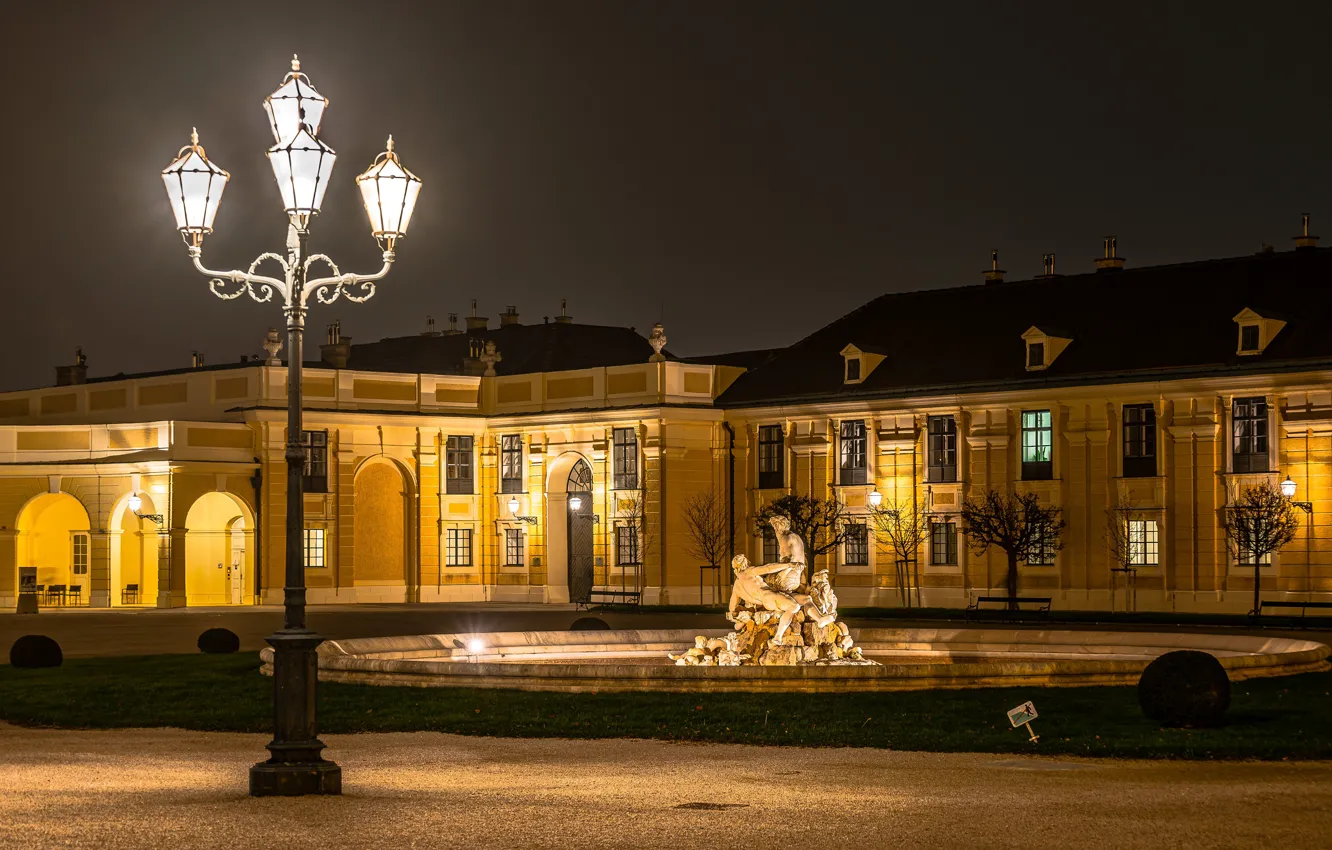 Photo wallpaper night, lights, Austria, lights, fountain, sculpture, Palace, Vienna
