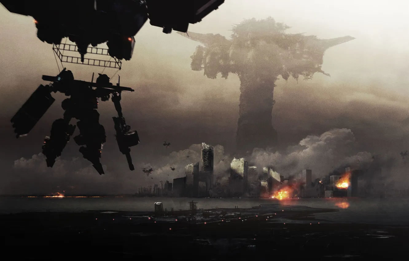 Photo wallpaper water, clouds, the city, weapons, fire, robot, home, flight