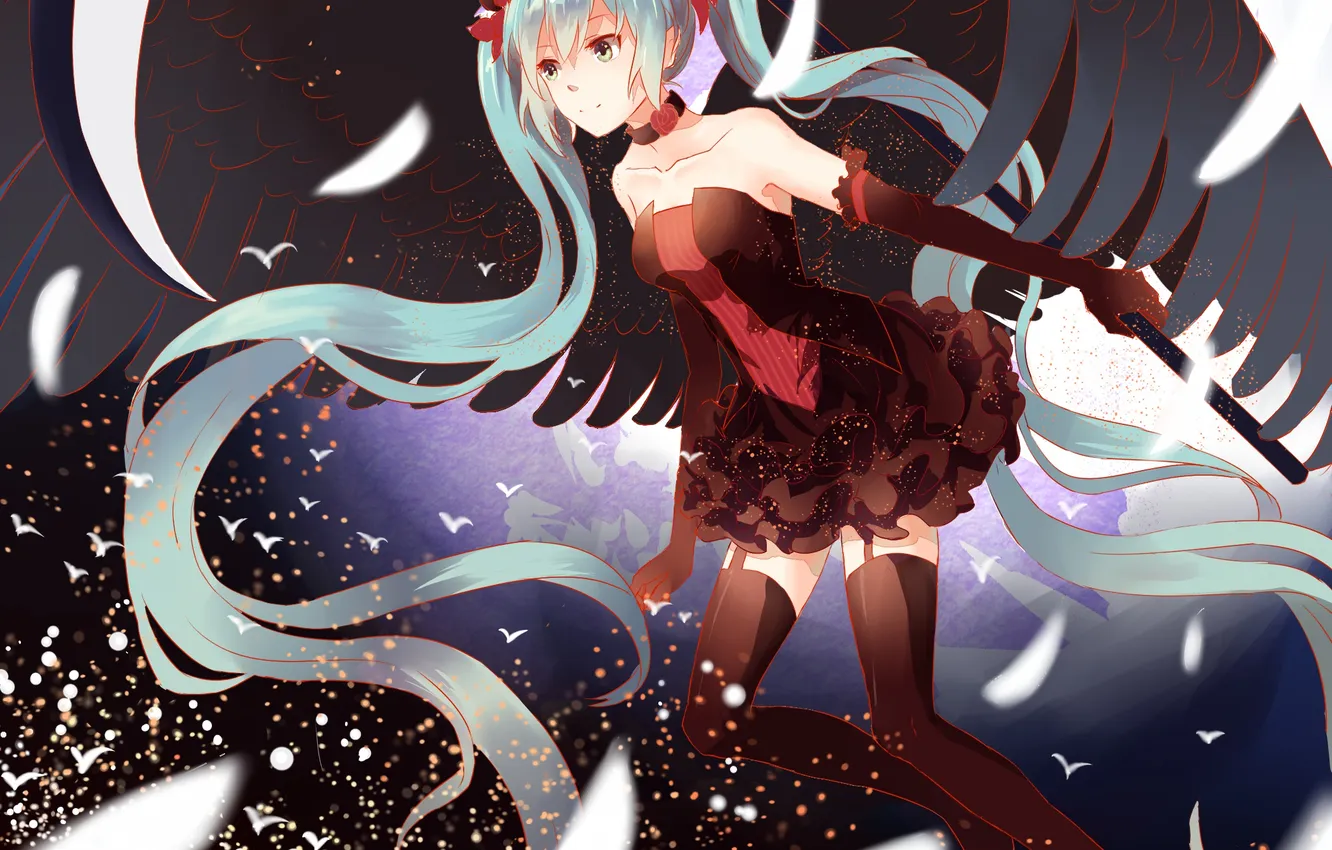 Photo wallpaper girl, night, weapons, the moon, wings, anime, petals, art