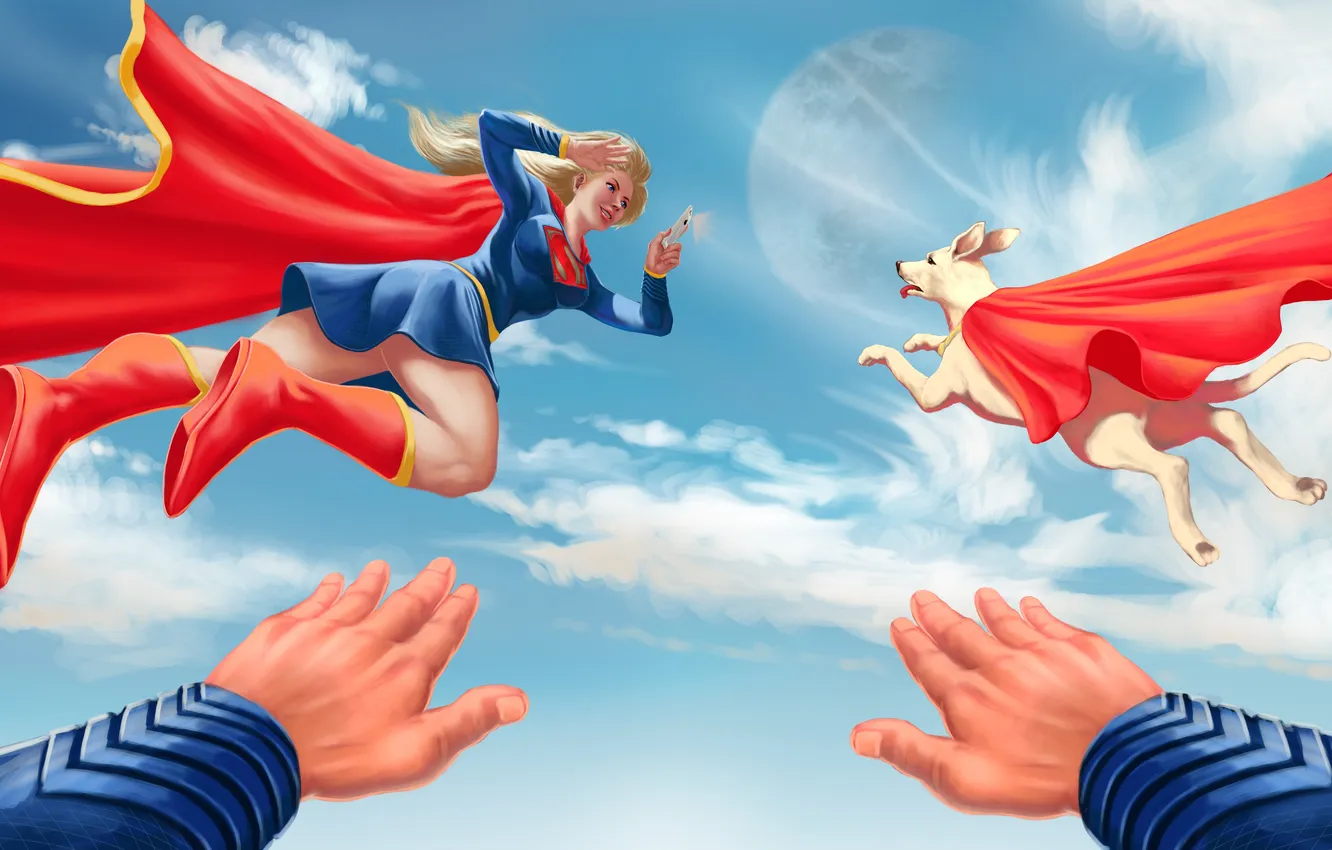 Photo wallpaper the sky, girl, flight, dog, humor, hands, art, cloak