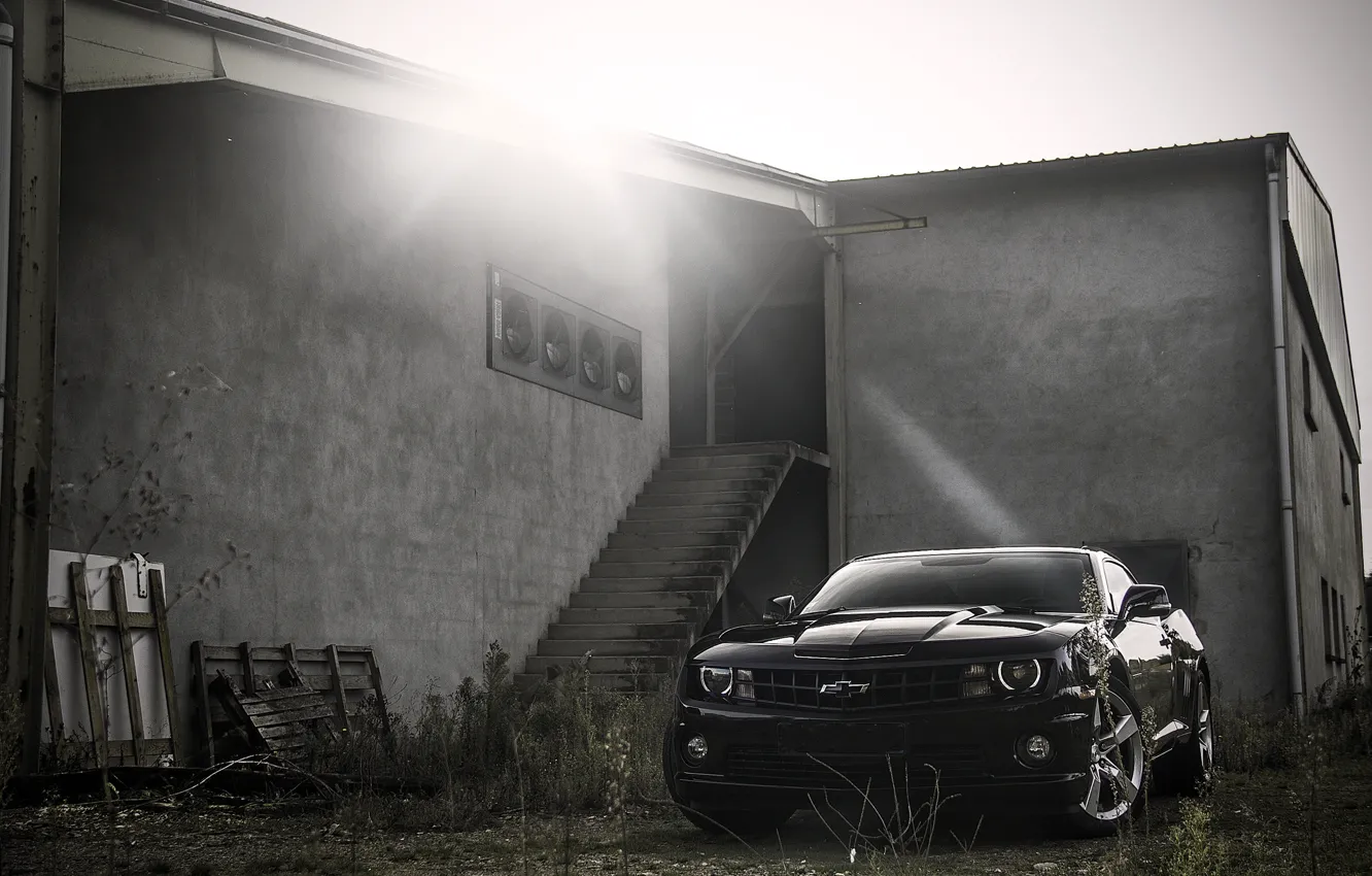 Photo wallpaper black, the building, steps, Chevrolet, black, Blik, camaro, chevrolet