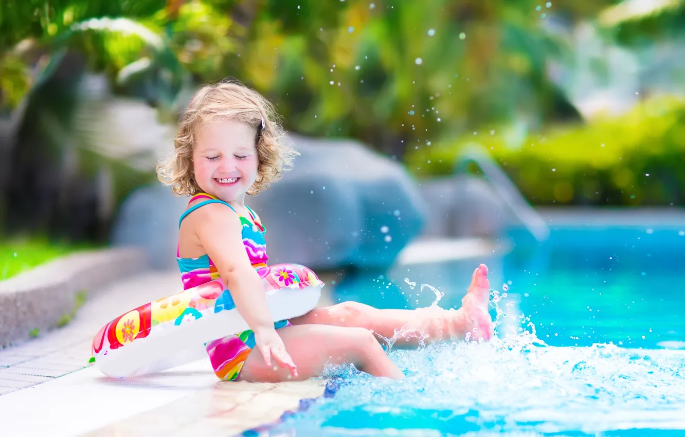 Photo wallpaper summer, joy, squirt, children, pool, girl