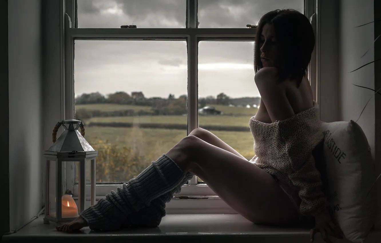 Photo wallpaper girl, window, pillow, legs, leg warmers