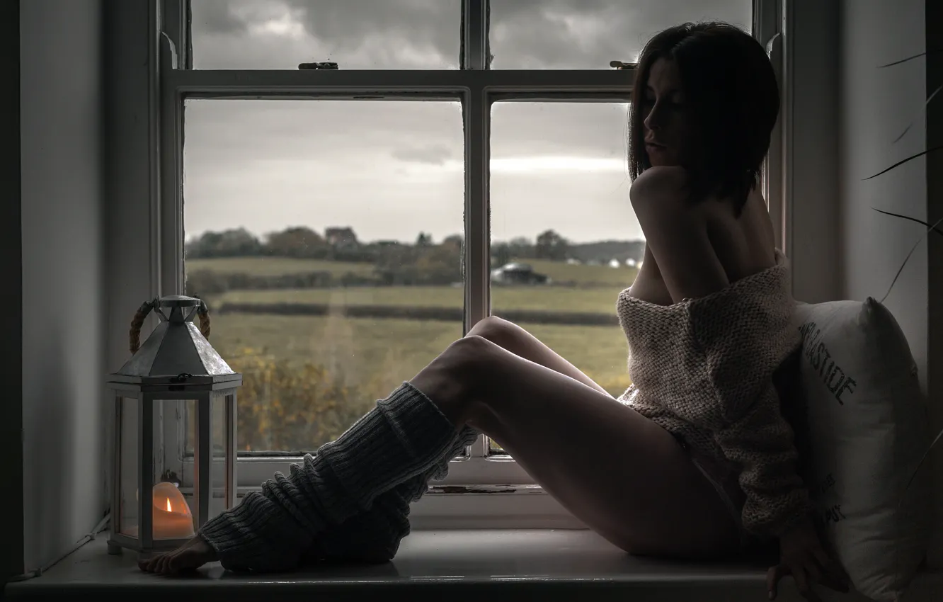Photo wallpaper girl, pillow, window, legs, leg warmers