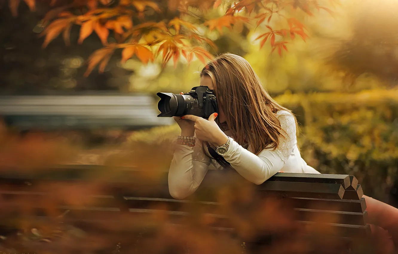 Photo wallpaper autumn, girl, the sun, bench, branches, Park, the camera, brown hair