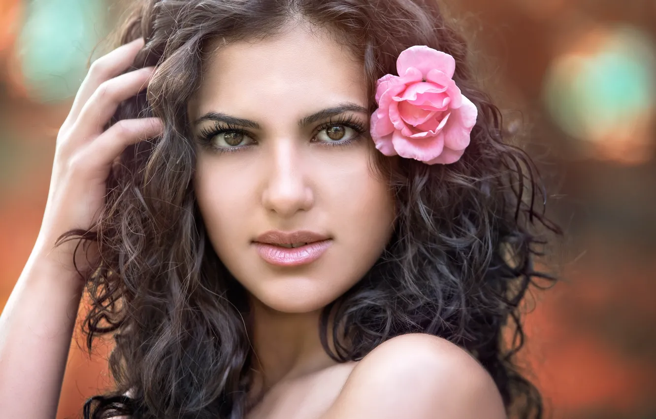 Photo wallpaper look, girl, close-up, face, eyelashes, portrait, roses, brunette