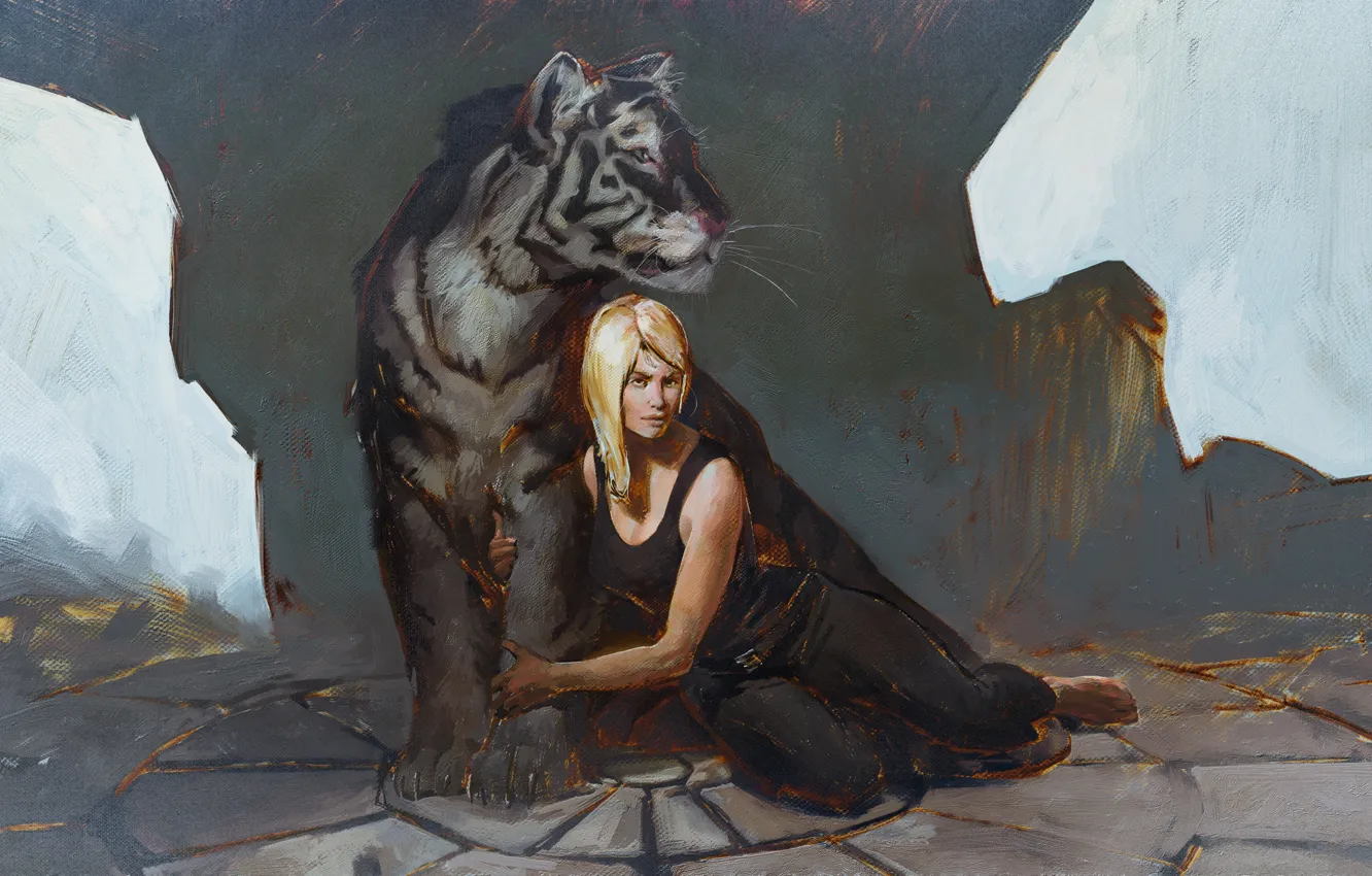 Photo wallpaper look, girl, tiger, art, blonde