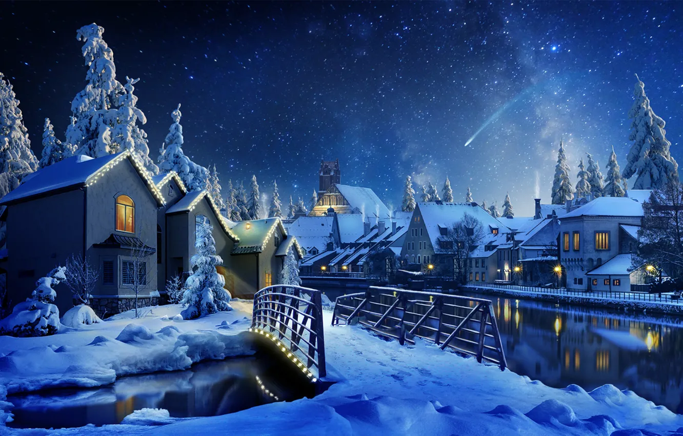 Photo wallpaper snow, night, bridge, river, tree, home