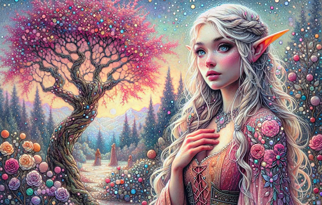 Photo wallpaper forest, girl, trees, flowers, ate, dress, fantasy, blonde