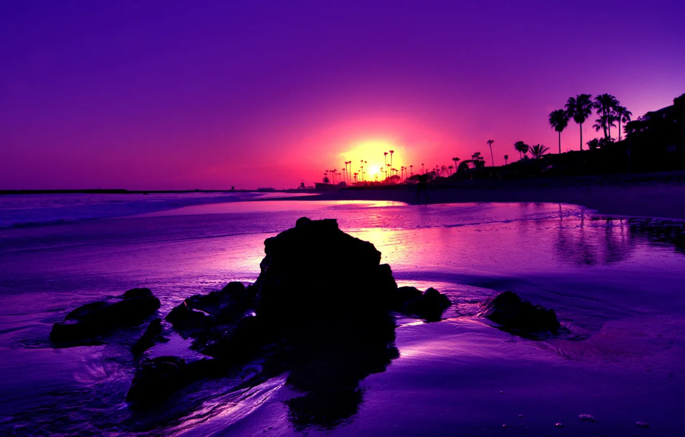 Photo wallpaper sunset, stones, shore