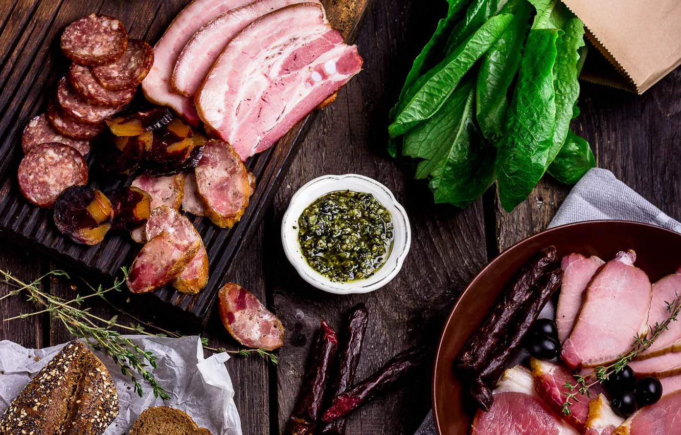 Photo wallpaper meat, sauce, sausage, cuts, spinach