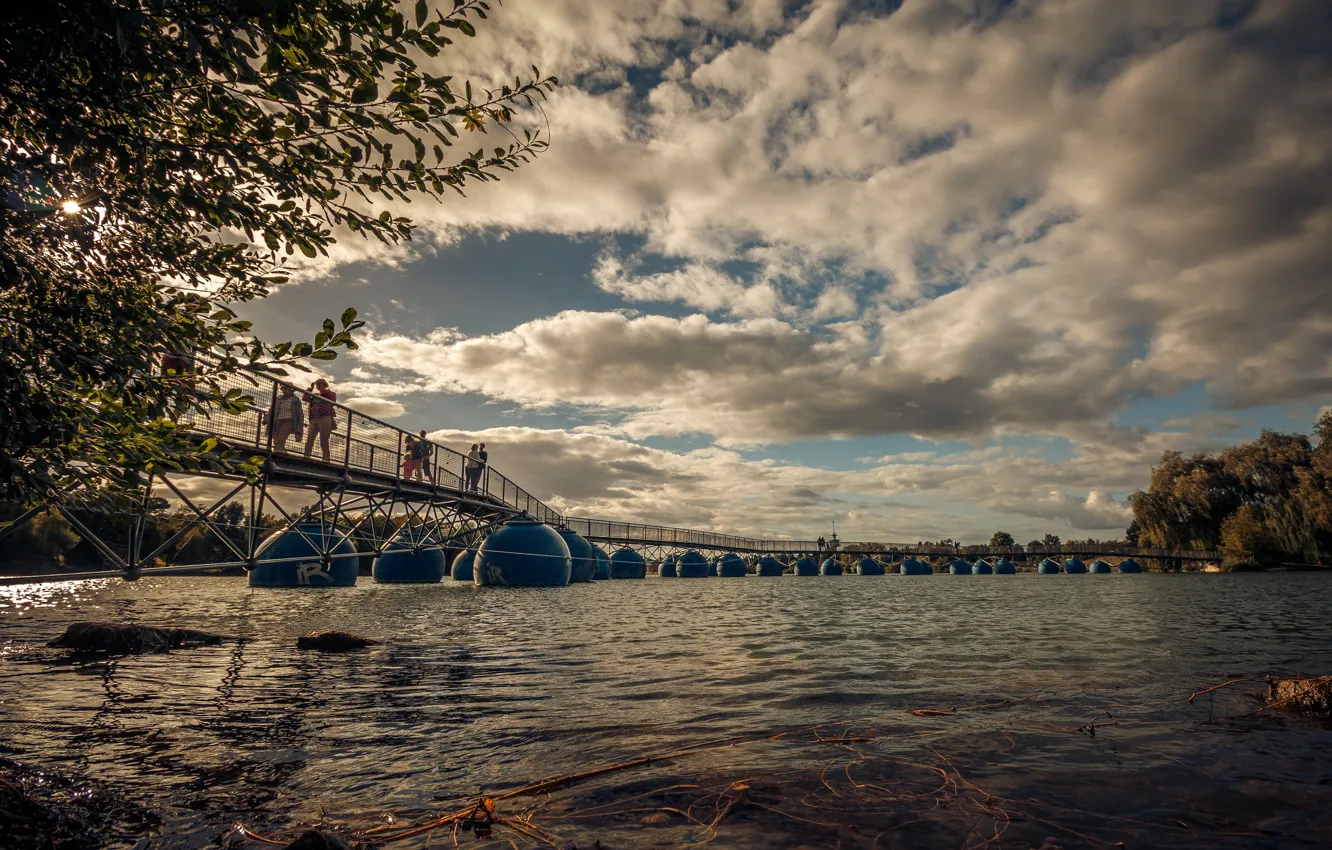 Photo wallpaper clouds, bridge, lake