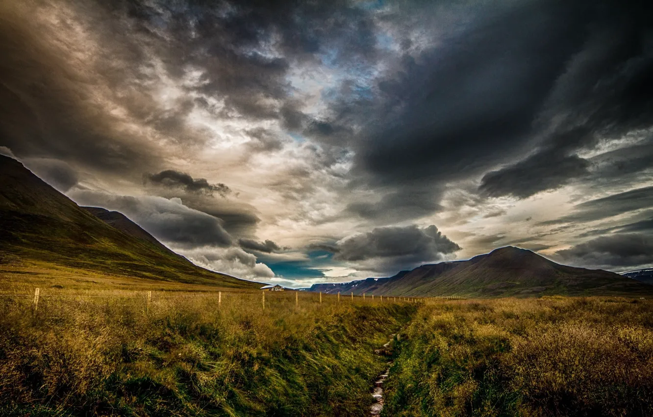 Photo wallpaper grass, clouds, landscape, mountains, clouds, beauty, space, grass