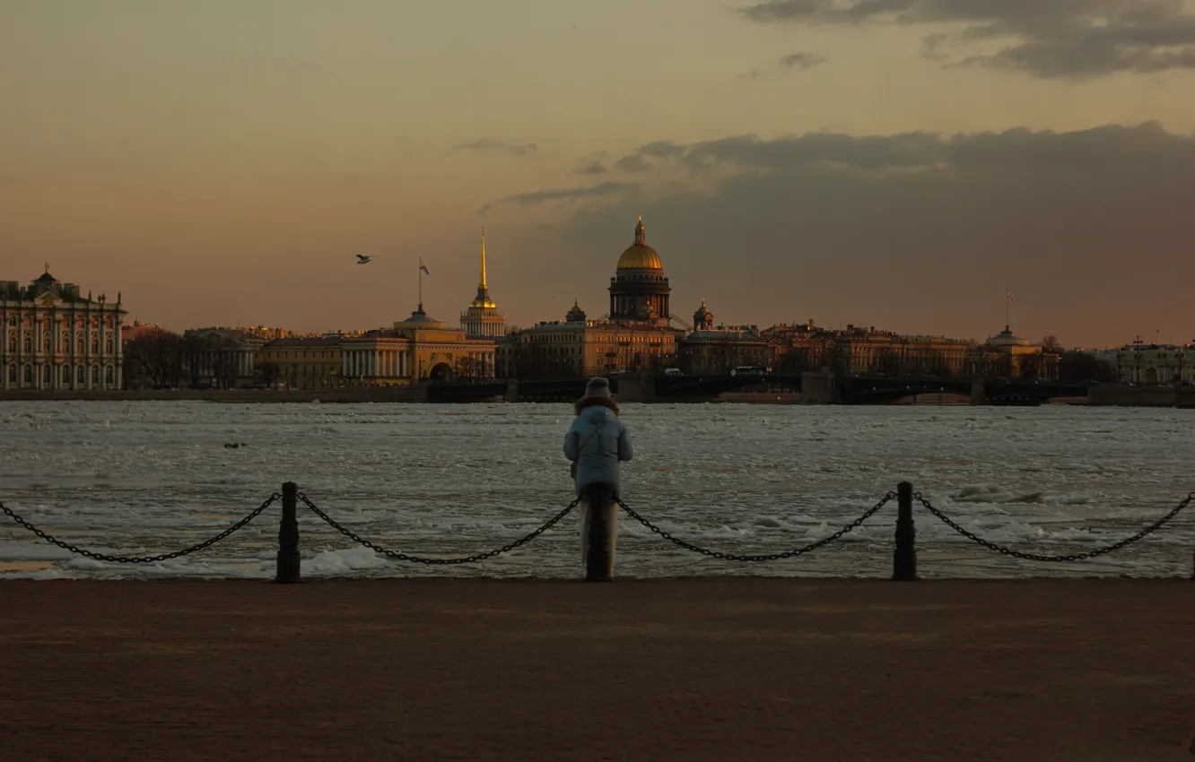 Photo wallpaper Sunset, Spring, Peter, River, Saint Petersburg, St. Isaac's Cathedral, Peter and Paul fortress, Russia