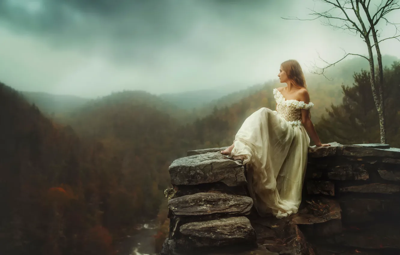 Photo wallpaper autumn, girl, river, stone, height, TJ Drysdale, Stay
