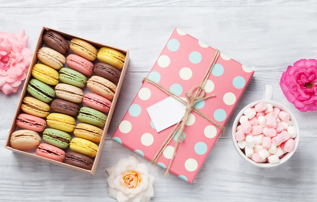 Photo wallpaper flowers, gift, colorful, wood, pink, flowers, macarons, gift box