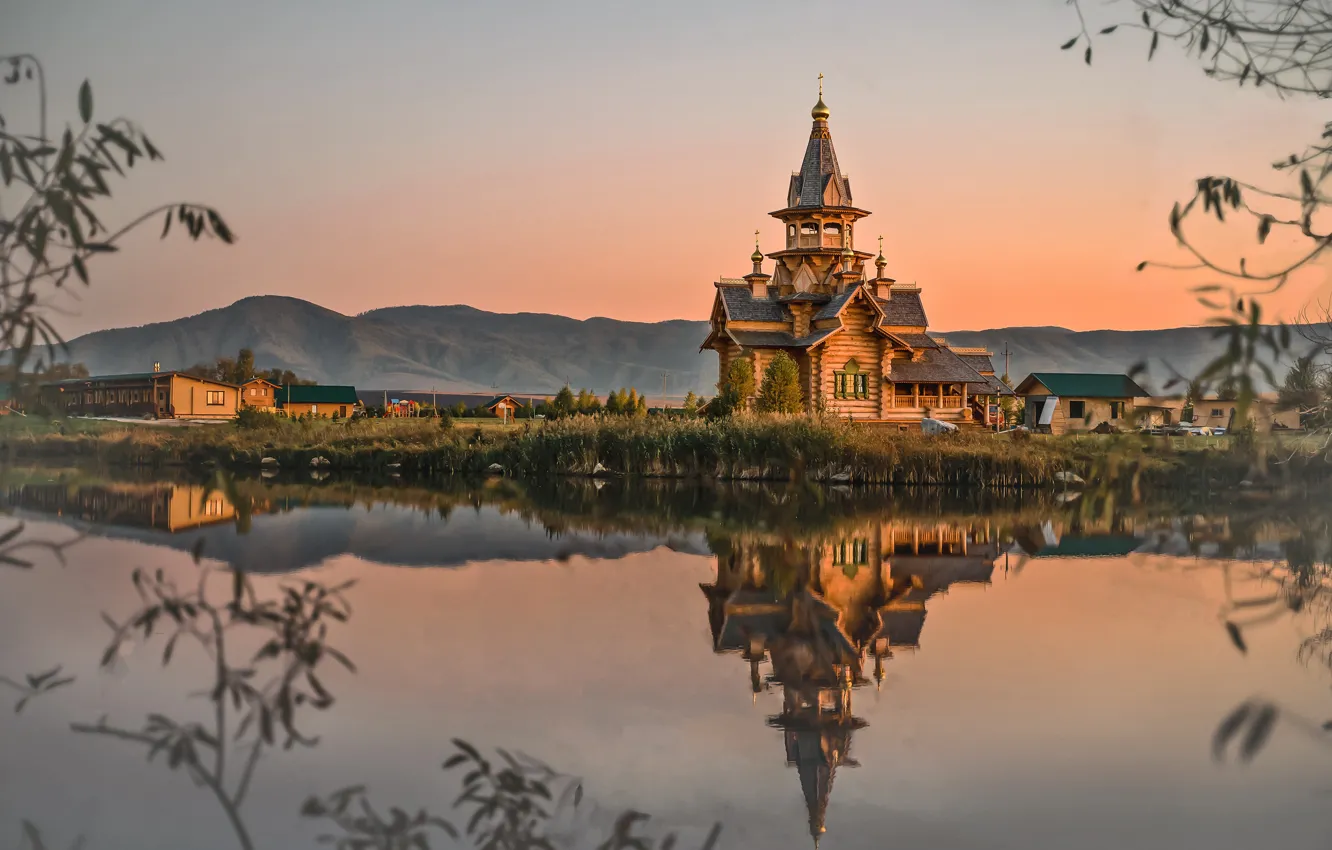 Photo wallpaper water, landscape, sunset, reflection, the evening, Church, Belokurikha, Altay