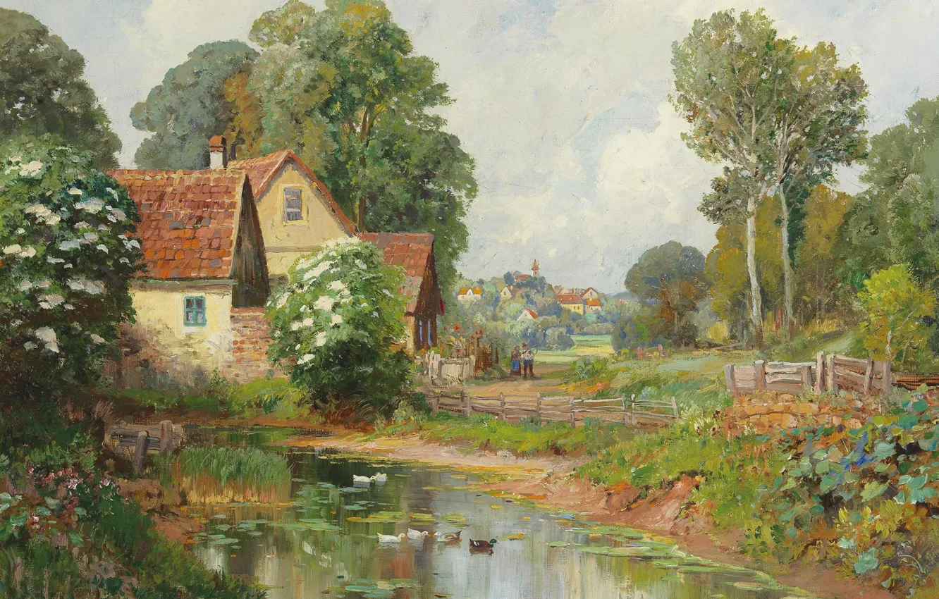 Photo wallpaper Alois Arnegger, Austrian painter, Austrian painter, oil on canvas, Alois Arnegger, Landscape with village in …