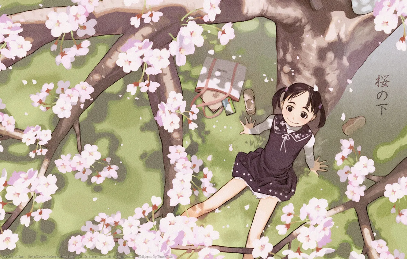Photo wallpaper happiness, smile, spring, Sakura, girl, characters, bag, sitting