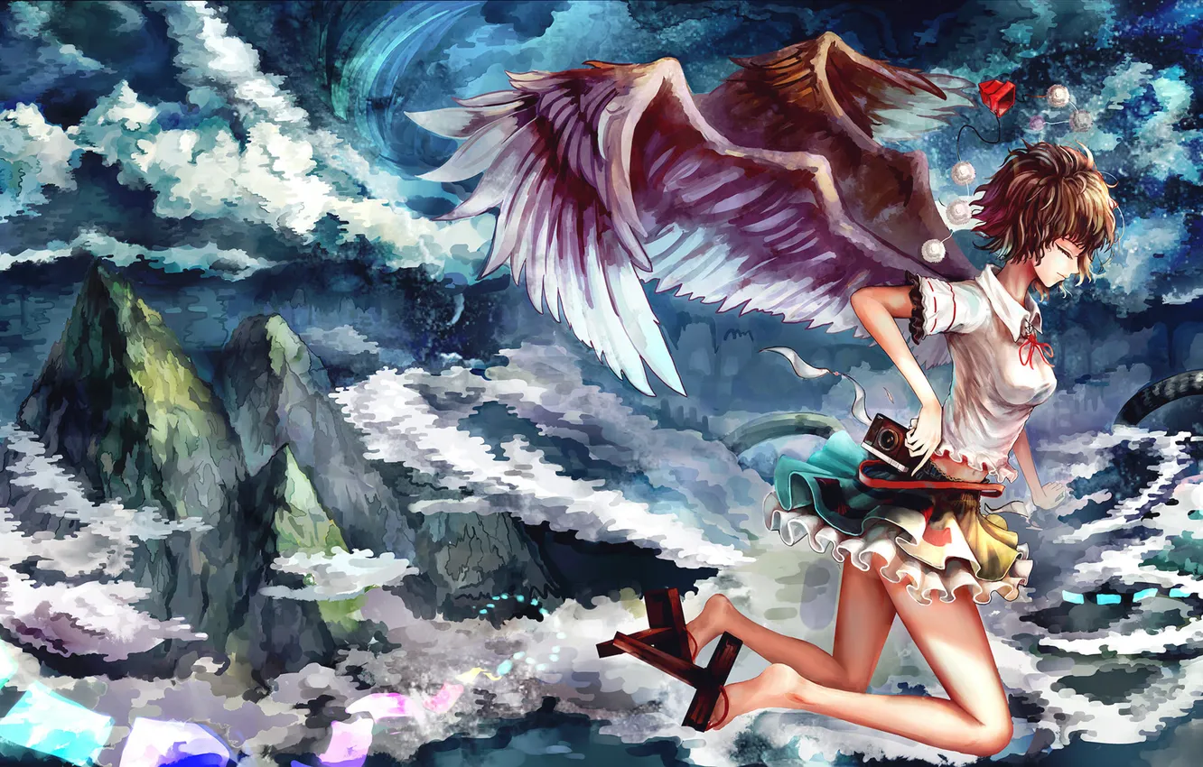 Photo wallpaper the sky, girl, clouds, mountains, wings, anime, art, touhou