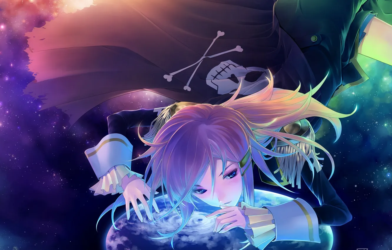 Photo wallpaper girl, space, stars, earth, skull, planet, anime, art