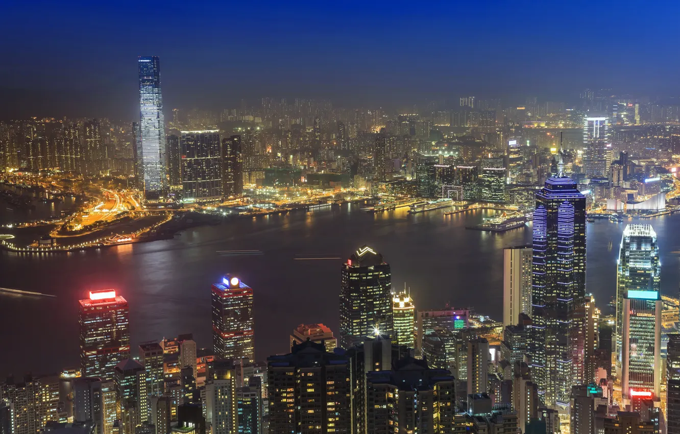 Photo wallpaper night, the city, river, photo, home, Hong Kong, China, megapolis