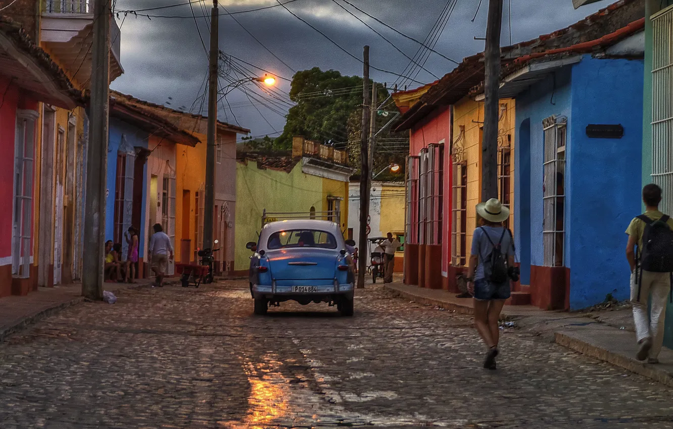 Photo wallpaper clouds, people, street, home, back, car, twilight, Cuba