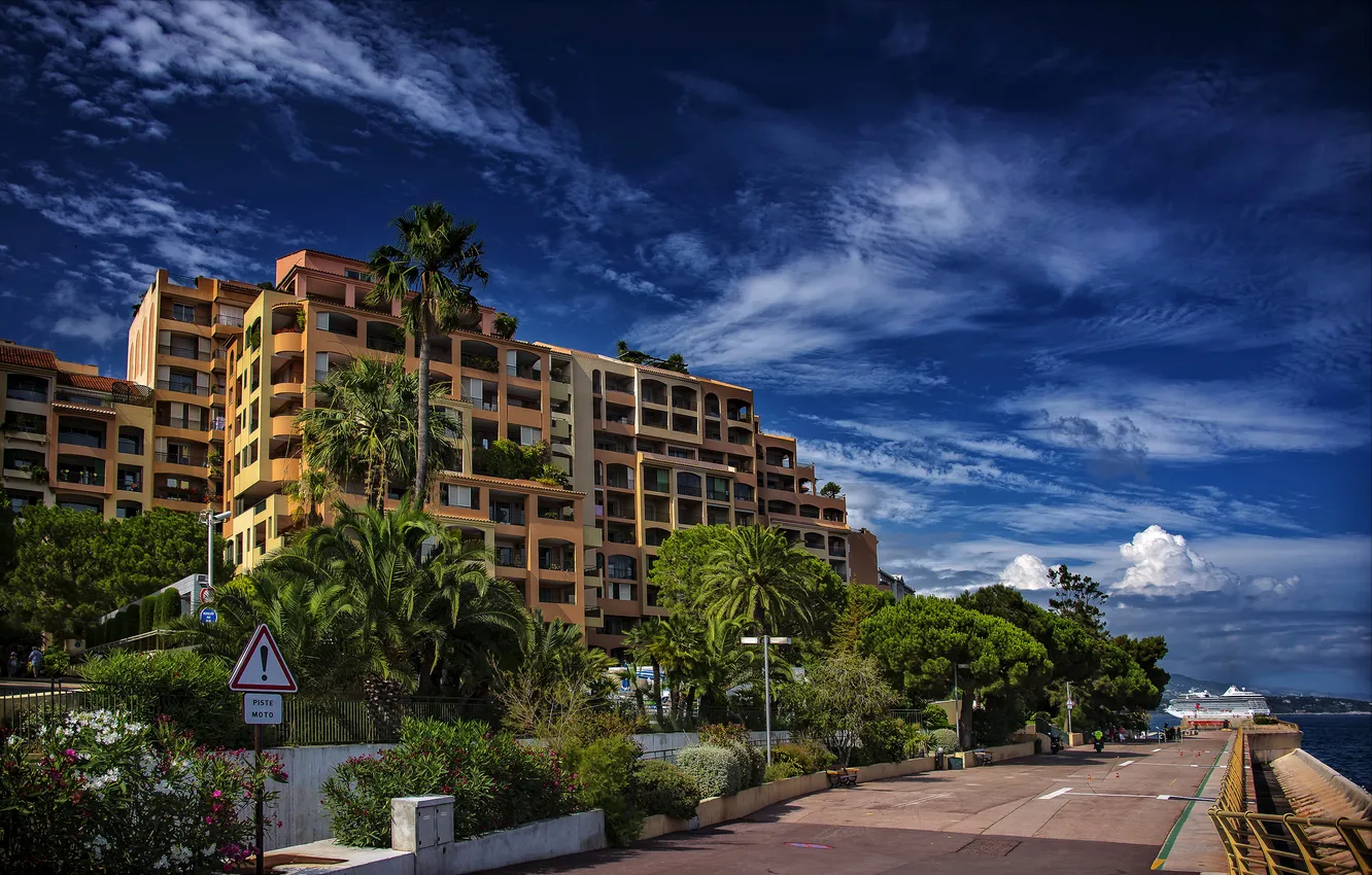 Photo wallpaper road, sea, the sky, clouds, palm trees, building, the hotel, promenade