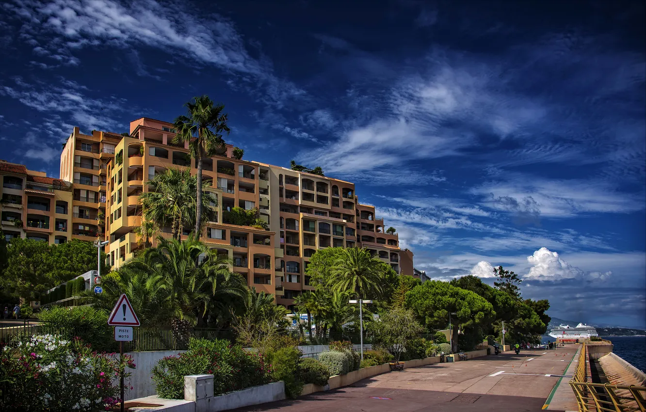 Photo wallpaper road, sea, the sky, clouds, palm trees, the building, the hotel, promenade