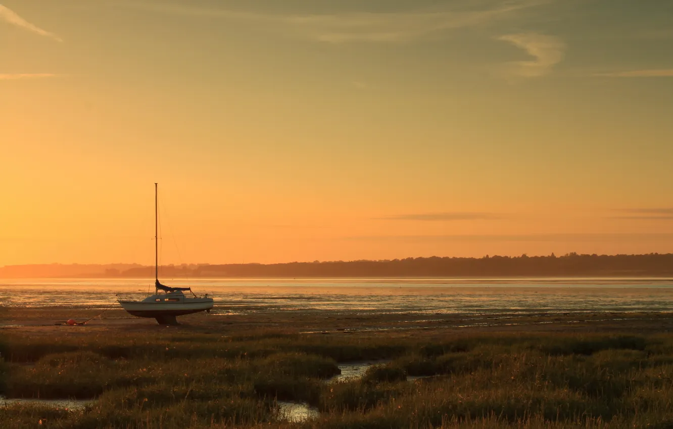 Photo wallpaper landscape, sunset, river, boat