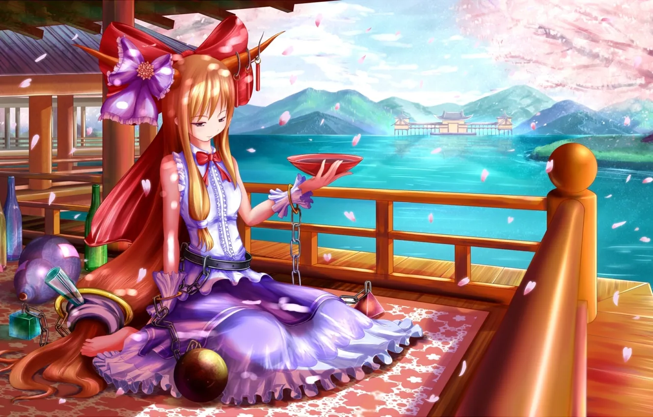 Photo wallpaper girl, pond, Sakura, chain, railings, horns, bow, touhou