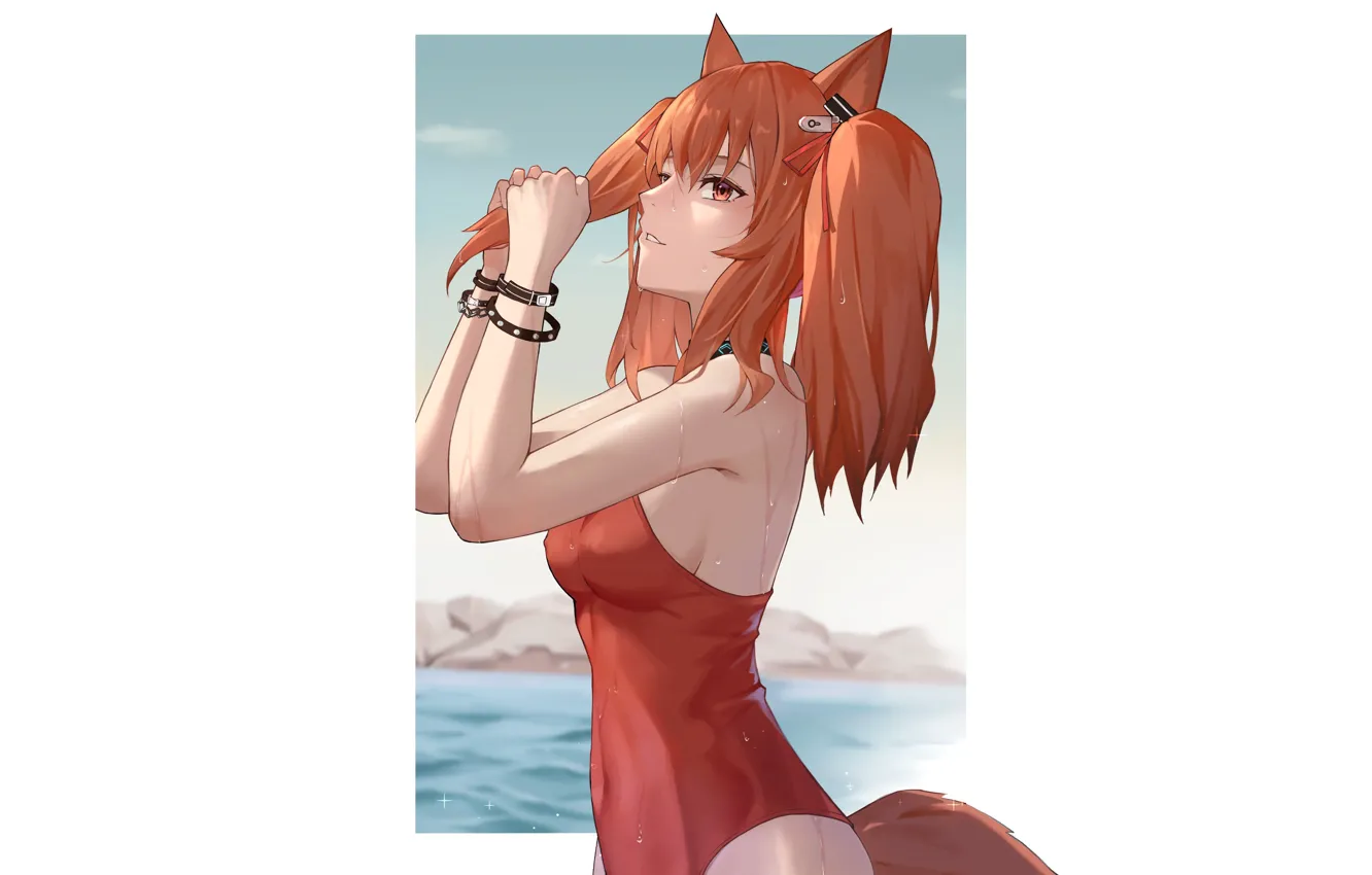 Photo wallpaper girl, sexy, fox, anime, pretty, swimsuit, red head, kitsune