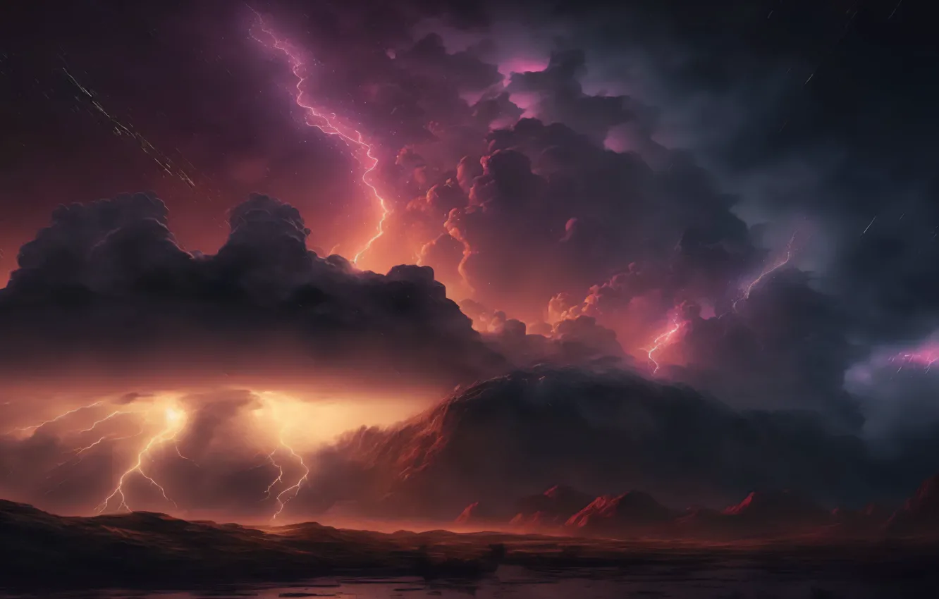 Photo wallpaper clouds, clouds, lightning, smoke, the volcano, the eruption, cataclysm, AI ART