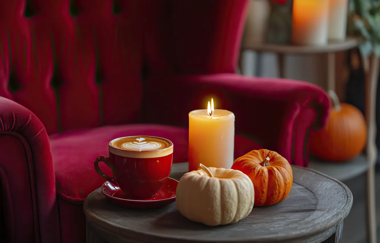 Photo wallpaper table, coffee, chair, candles, Cup, pumpkin, Halloween, cappuccino