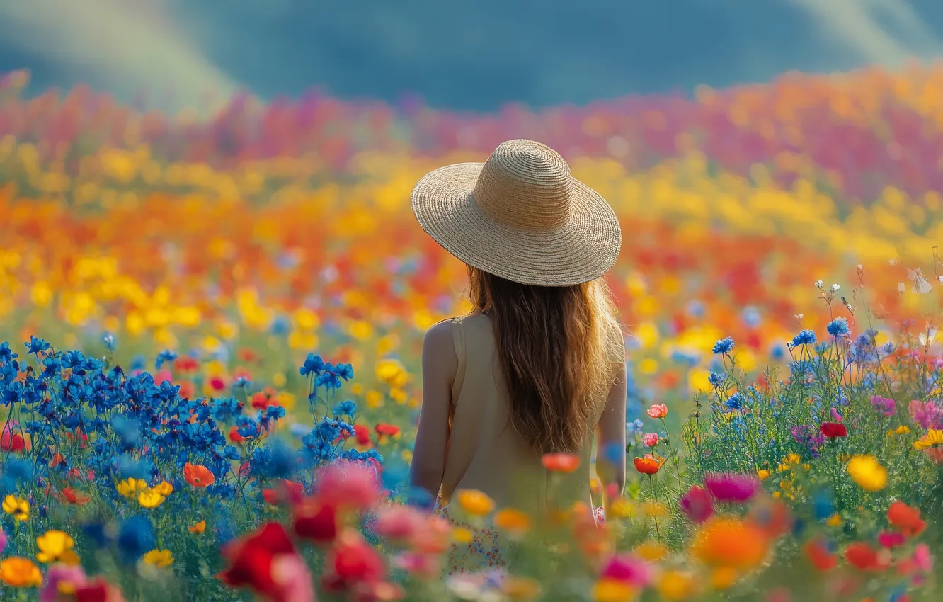 Photo wallpaper field, summer, girl, flowers, hat, meadow, brown hair, is back