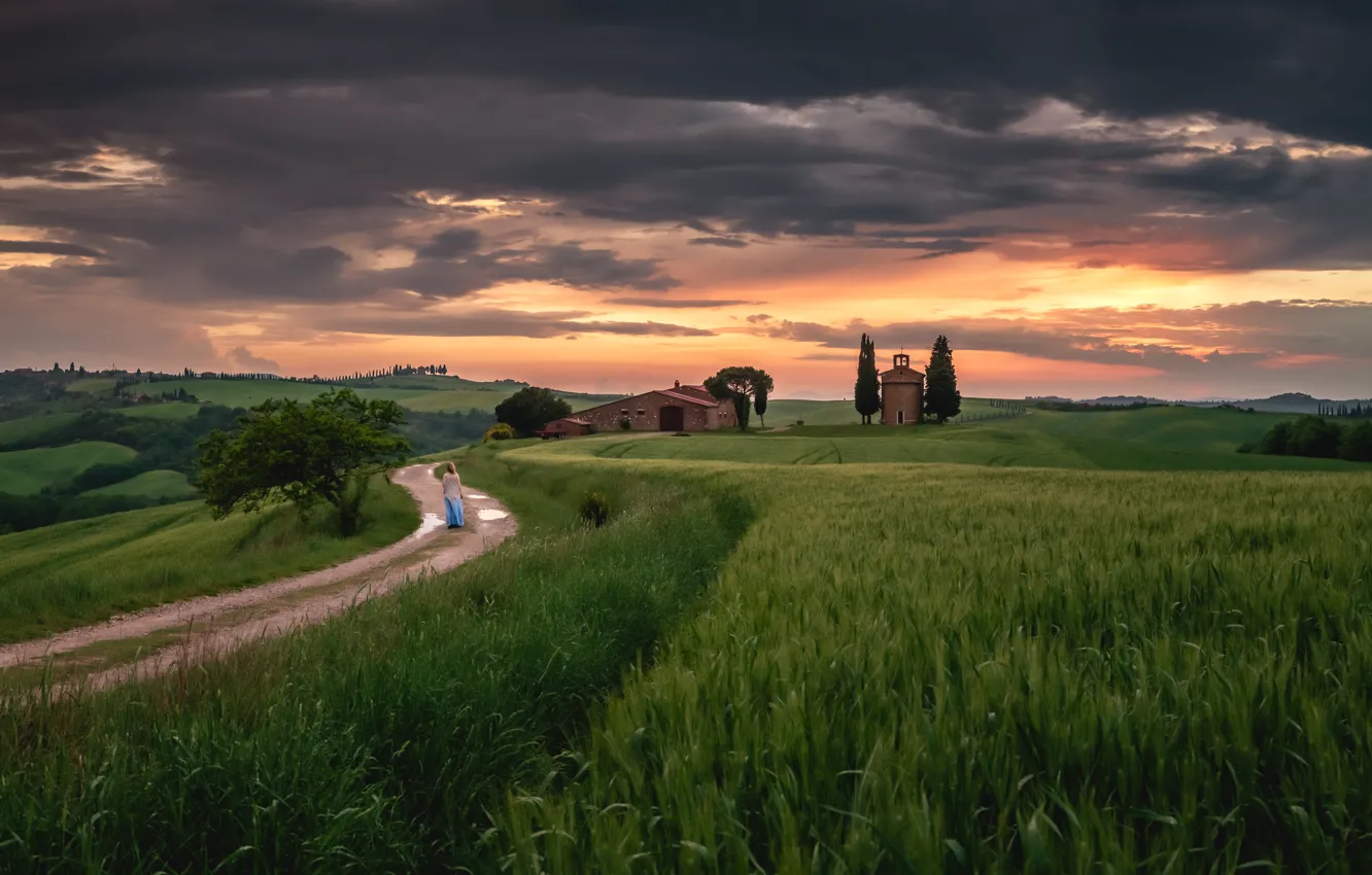 Photo wallpaper road, greens, field, summer, the sky, girl, clouds, trees