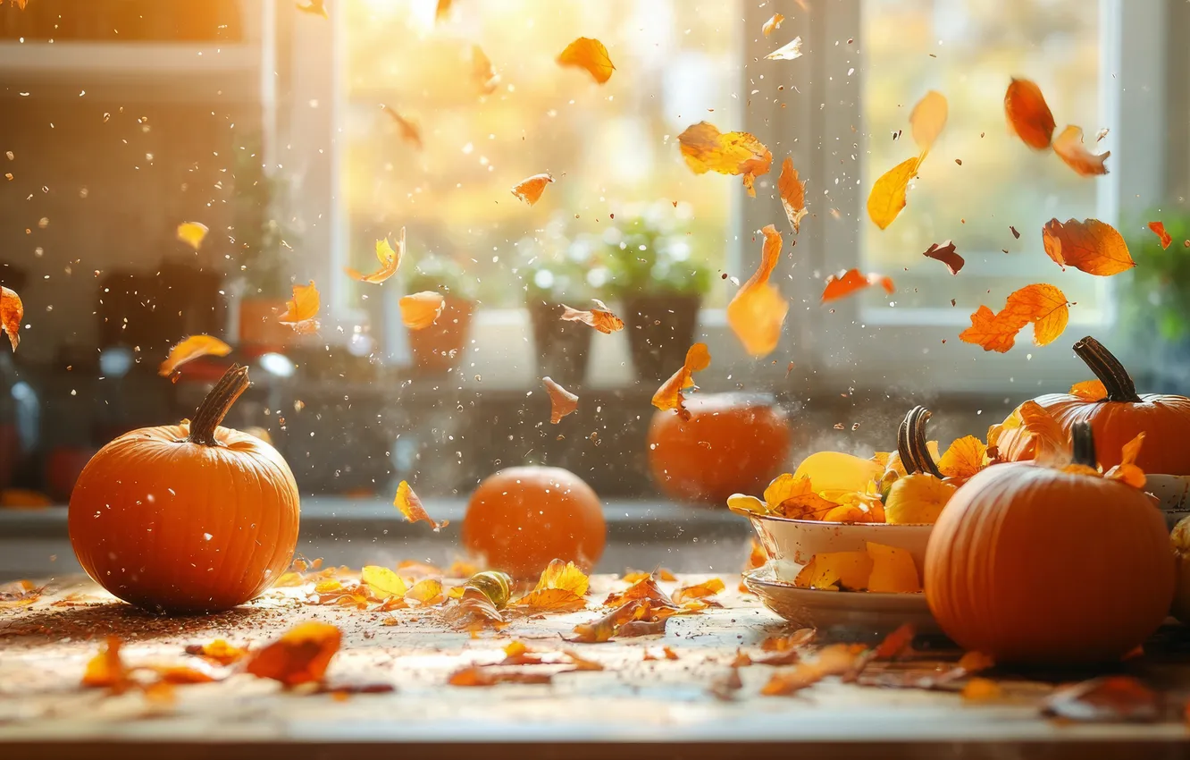 Photo wallpaper autumn, light, table, holiday, window, kitchen, pumpkin, Halloween