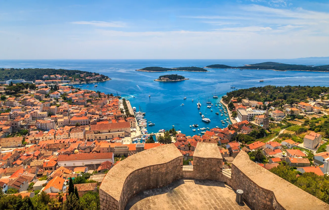 Photo wallpaper roof, sea, the sky, the sun, trees, landscape, coast, home