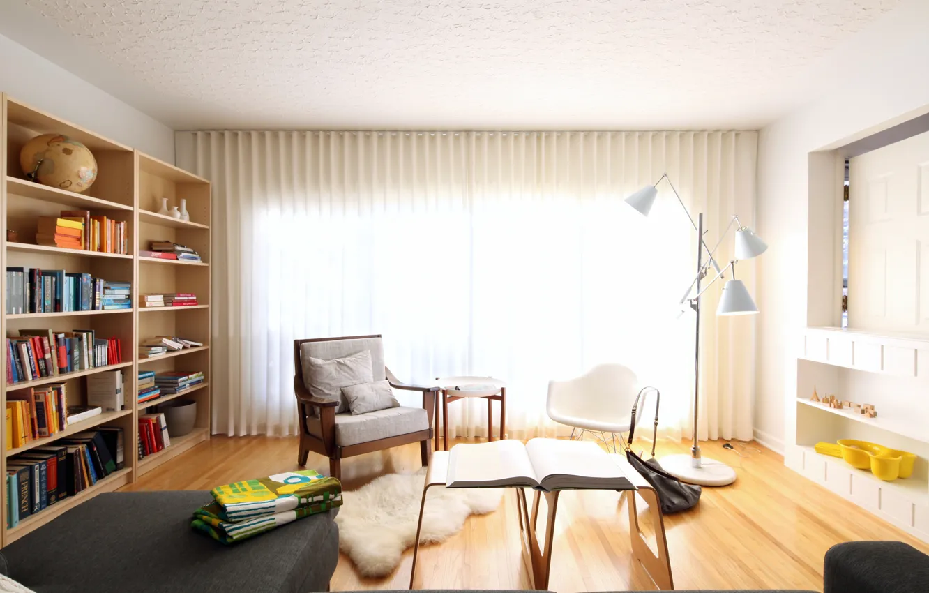 Photo wallpaper table, room, books, chair, album, shelves