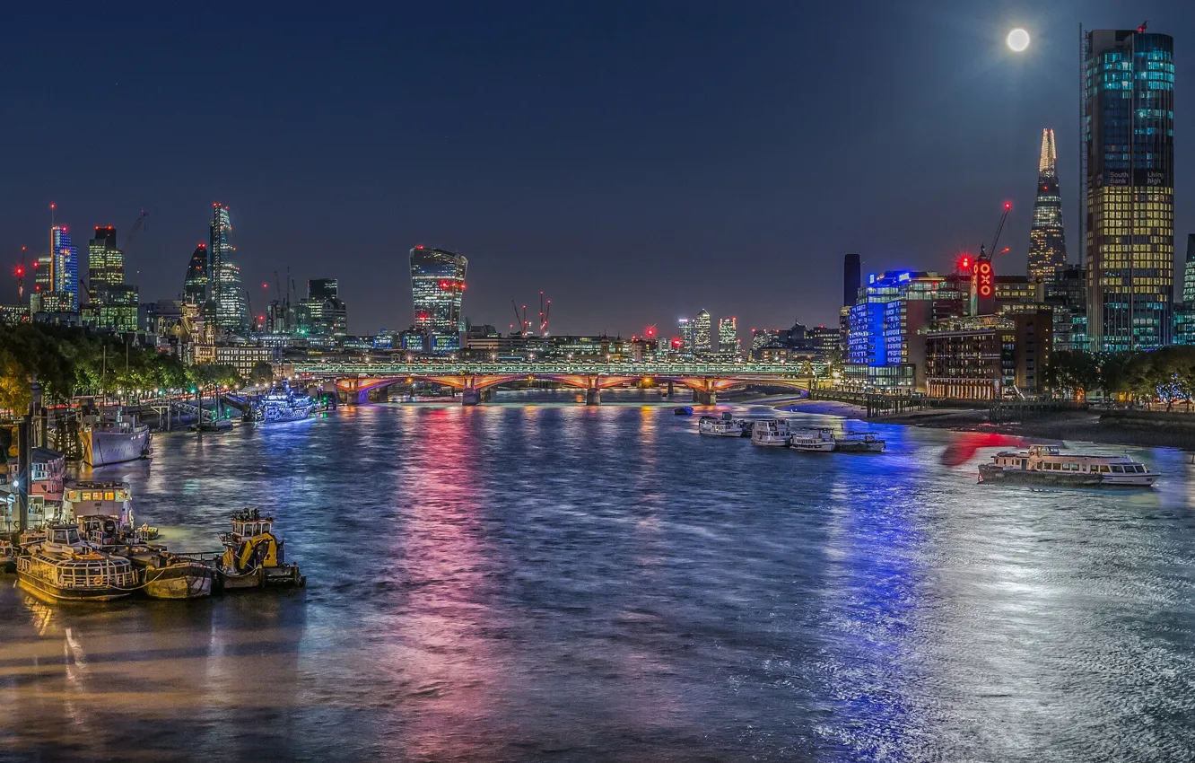 Photo wallpaper night, bridge, lights, river, England, London, Thames