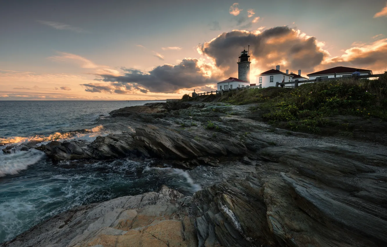 Photo wallpaper sea, wave, summer, clouds, light, rocks, shore, lighthouse