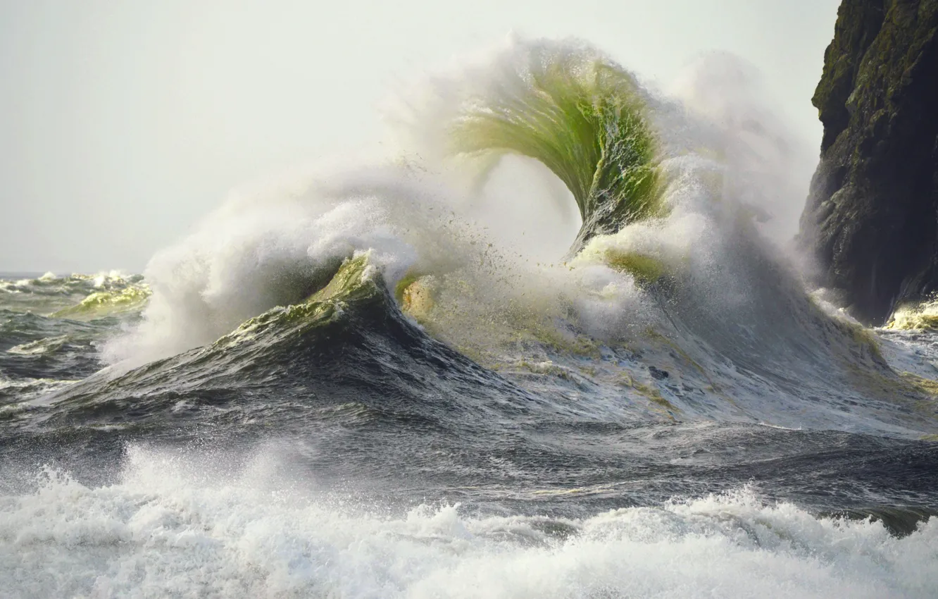 Photo wallpaper sea, wave, squirt, storm, rocks