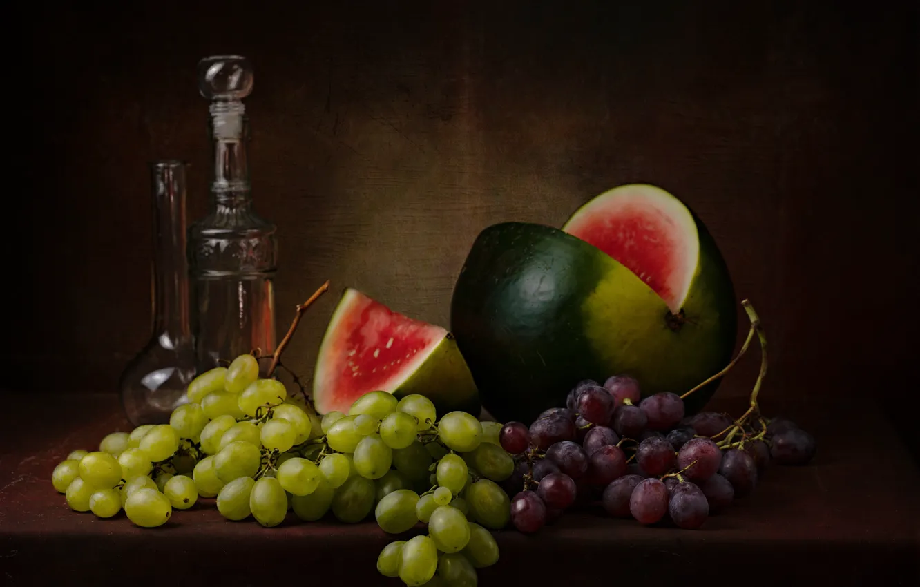 Photo wallpaper glass, red, green, the dark background, bottle, watermelon, grapes, still life