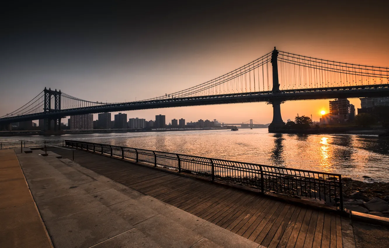Photo wallpaper Brooklyn, New York, Sunrise, Manhattan Bridge, East River, Williamsburg Bridge